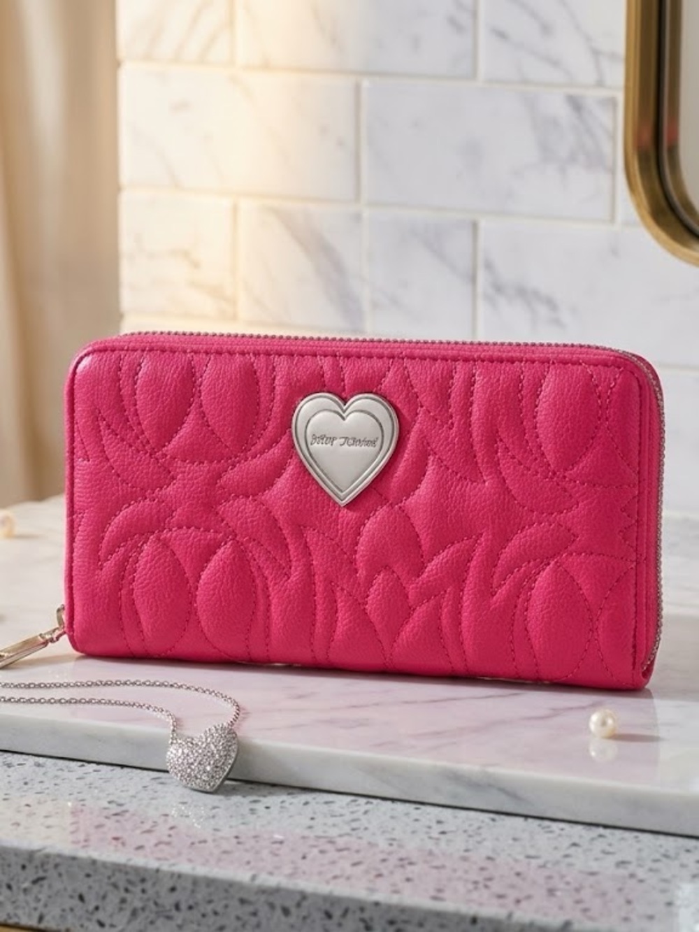 Betsey Johnson Hot Pink Quilted Heart Zip-Around Wallet Wristlet
